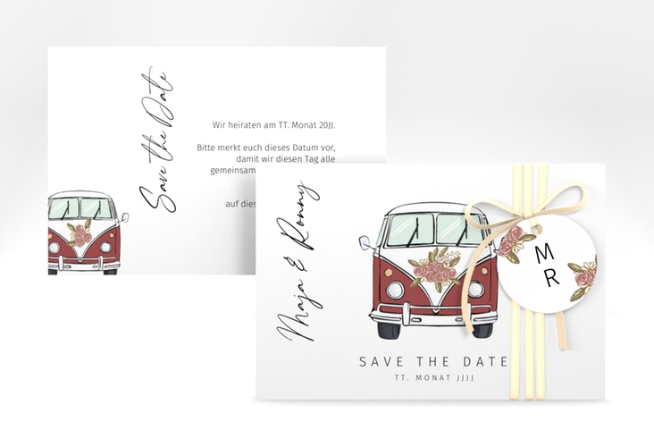 Save the Date-Karte Hochzeitsbulli A6 Karte quer rot hochglanz