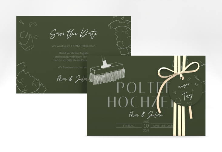 Save the Date-Karte Polterhochzeit A6 Karte quer gruen mit Besen und kaputtem Porzellanteller