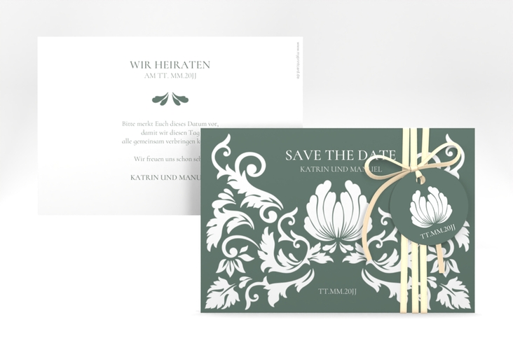 Save the Date-Karte Royal A6 Karte quer gruen hochglanz mit barockem Blumen-Ornament