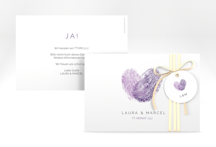 Save the Date-Karte Fingerprint A6 Karte quer lila schlicht mit Fingerabdruck-Motiv