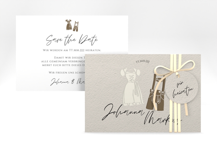 Save the Date-Karte Trachtenhochzeit A6 Karte quer beige hochglanz mit Dirndl und Lederhose