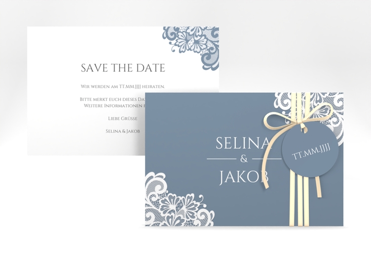 Save the Date-Karte Vintage A6 Karte quer blau hochglanz mit floraler Spitze