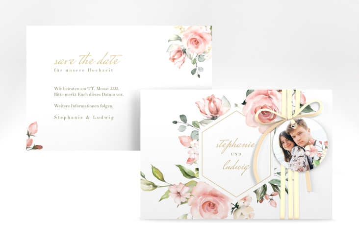Save the Date-Karte Graceful A6 Karte quer weiss mit Rosenblüten in Rosa und Weiß