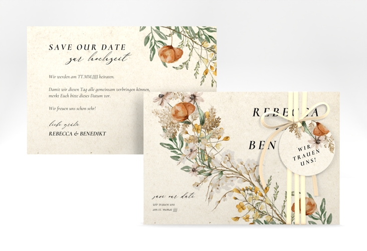 Save the Date-KarteWildfang A6 Karte quer beige mit getrockneten Wiesenblumen