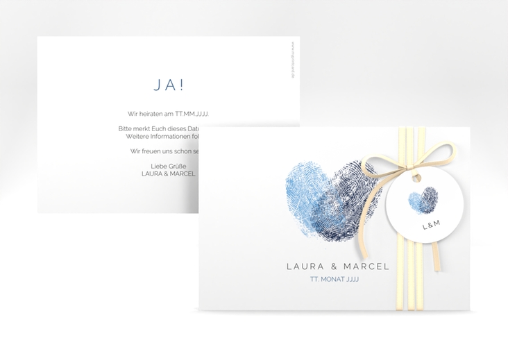 Save the Date-Karte Fingerprint A6 Karte quer blau schlicht mit Fingerabdruck-Motiv