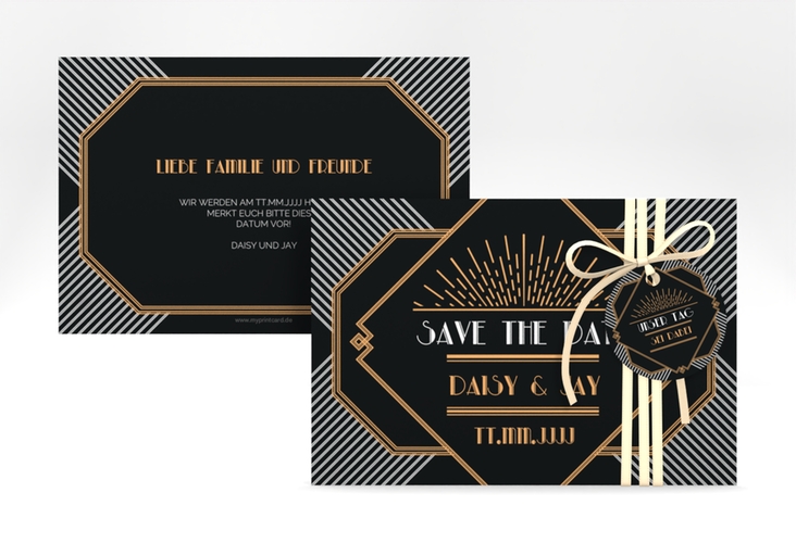 Save the Date-Karte Hochzeit Gatsby A6 Karte quer schwarz im 20er-Jahre-Stil