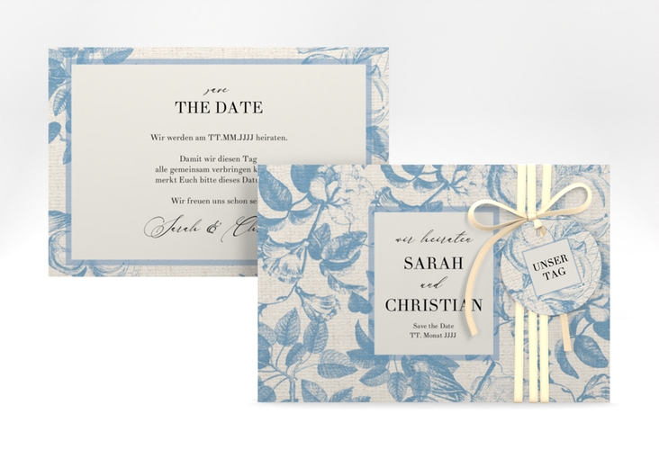 Save the Date-Karte Toile A6 Karte quer mit Blättermuster im Toile-de-Jouy-Stil