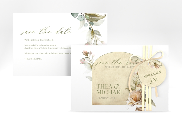 Save the Date-Karte Dornröschen A6 Karte quer weiss mit Aquarell-Rosen im Vintage-Look
