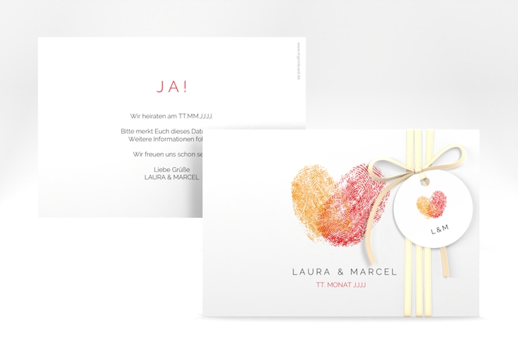 Save the Date-Karte Fingerprint A6 Karte quer rot schlicht mit Fingerabdruck-Motiv