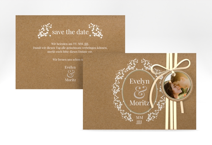 Save the Date-Karte Gypsophila A6 Karte quer im Vintage-Stil mit Blumenkranz aus Schleierkraut