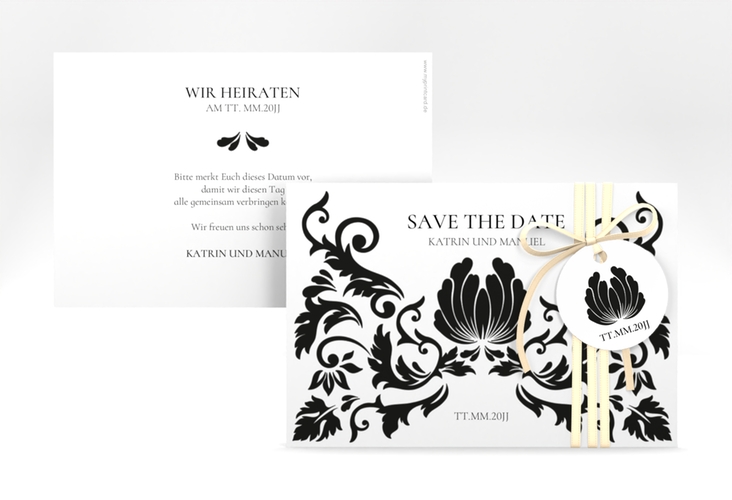 Save the Date-Karte Royal A6 Karte quer weiss mit barockem Blumen-Ornament