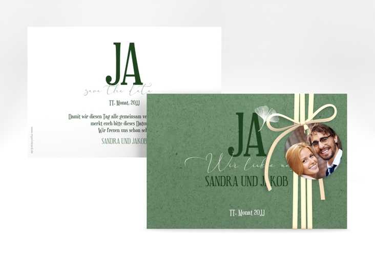 Save the Date-Karte Ja A6 Karte quer gruen hochglanz mit Ginkgo-Blatt