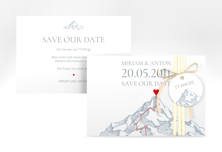 Save the Date-Karte Berge A6 Karte quer blau mit Berggipfel und eingezeichneter Route zum Herzen