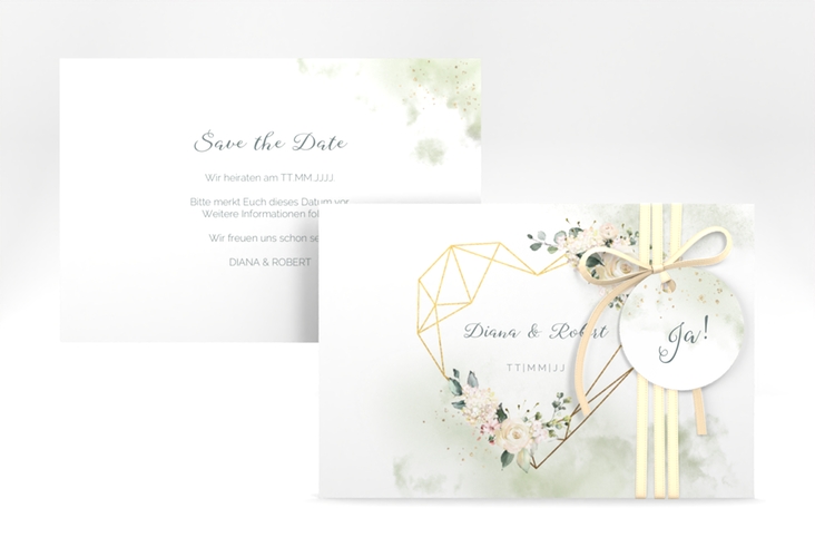 Save the Date-Karte Adore A6 Karte quer mit geometrischem Herz und Rosen in Aquarell