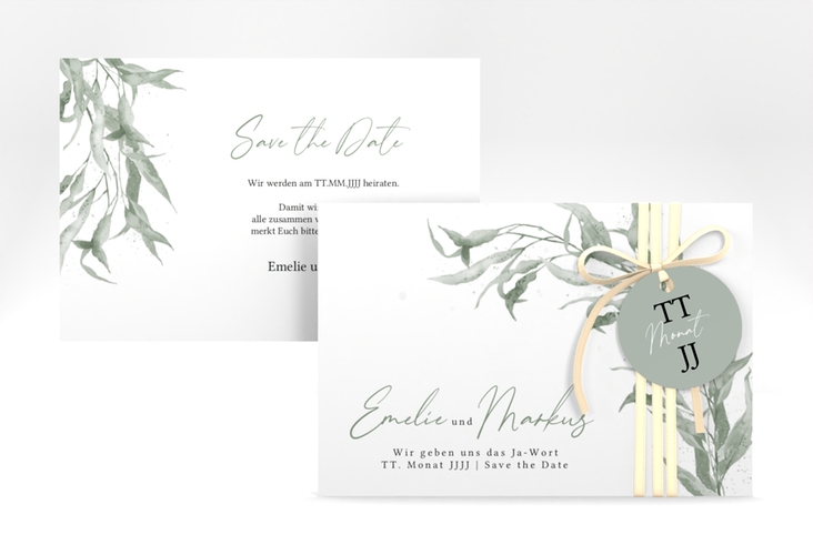Save the Date-Karte Eucalyptus Green A6 Karte quer weiss hochglanz