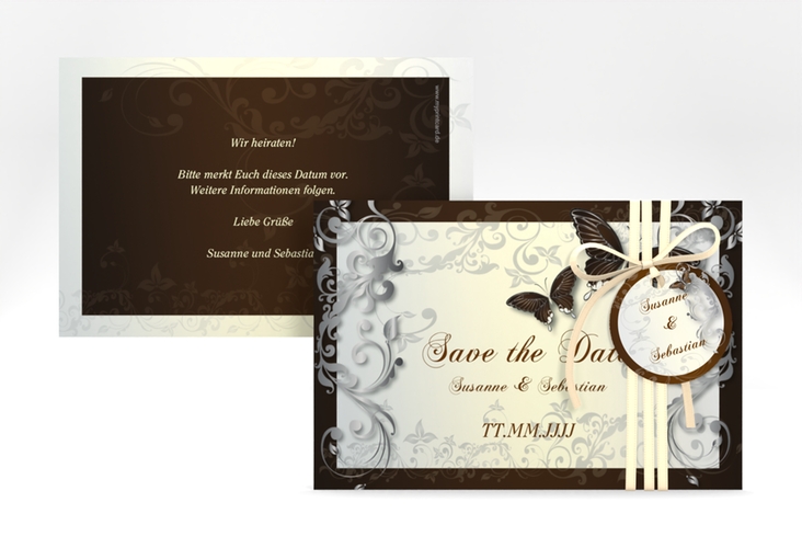 Save the Date-Karte Hochzeit Toulouse A6 Karte quer braun hochglanz romantisch mit Schmetterlingen