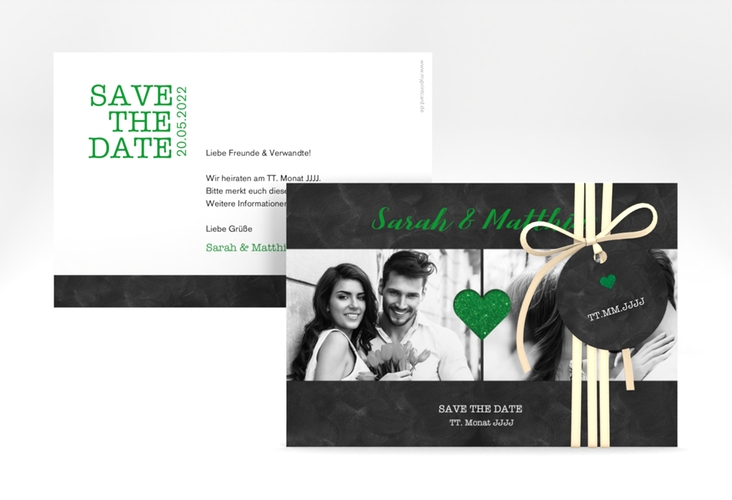 Save the Date-Karte Sparkly A6 Karte quer gruen hochglanz