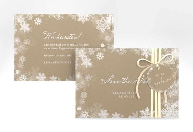Save the Date-Karte Snowfall A6 Karte quer Kraftpapier mit Schneeflocken für Winterhochzeit