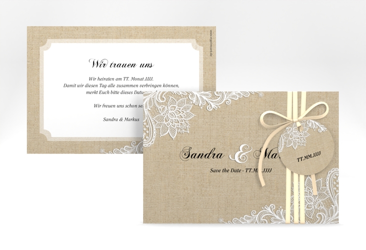 Save the Date-Karte Lace A6 Karte quer beige in Leinen-Optik mit weißer Spitze