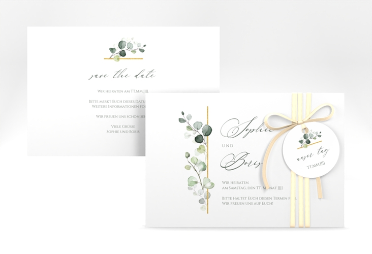 Save the Date-Karte Adelya A6 Karte quer elegant mit Eukalyptus-Motiv
