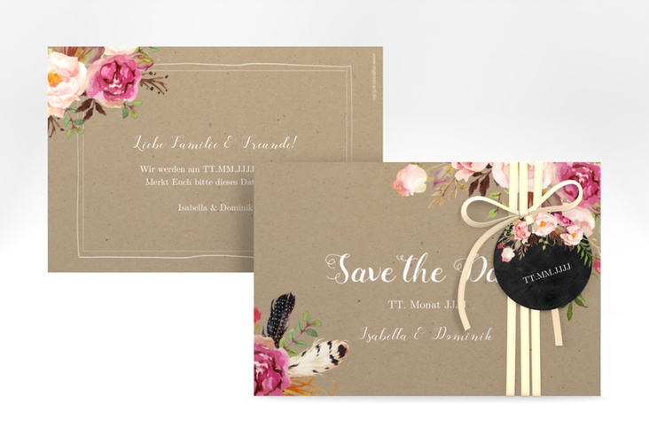 Save the Date-Karte Flowers A6 Karte quer Kraftpapier hochglanz mit bunten Aquarell-Blumen