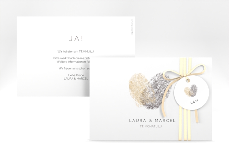 Save the Date-Karte Fingerprint A6 Karte quer beige schlicht mit Fingerabdruck-Motiv