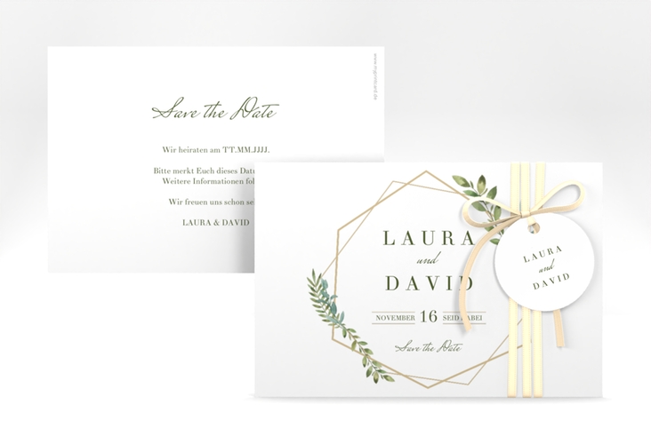 Save the Date-Karte Herbarium A6 Karte quer gold hochglanz mit geometrischem Rahmen und Blätter-Dekor