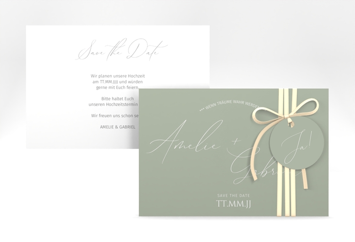 Save the Date-Karte Federschrift A6 Karte quer gruen in schlichtem Design mit Kalligrafie