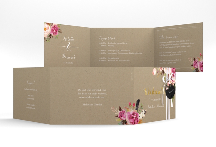 Hochzeitseinladung Flowers A6 Doppel-Klappkarte Kraftpapier gold mit bunten Aquarell-Blumen
