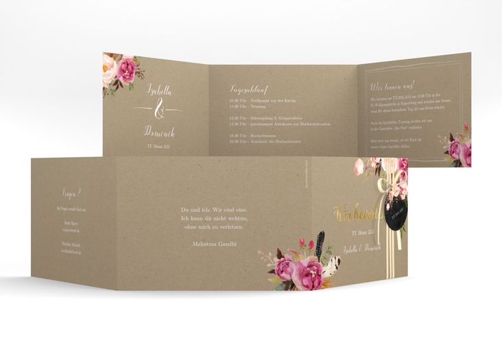 Hochzeitseinladung Flowers A6 Doppel-Klappkarte Kraftpapier gold mit bunten Aquarell-Blumen