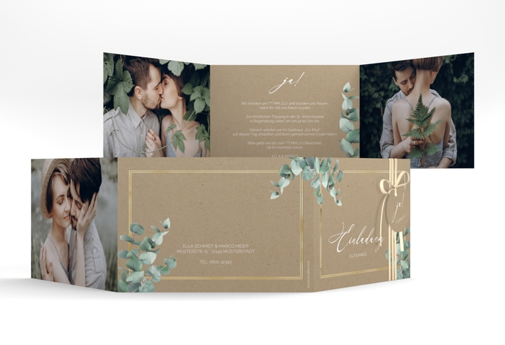 Hochzeitseinladung Eucalypt A6 Doppel-Klappkarte Kraftpapier gold mit Eukalyptus und edlem Rahmen