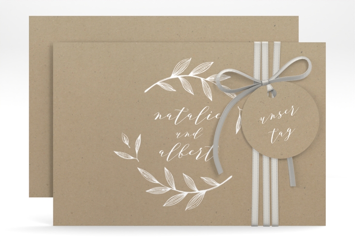 Save the Date-Karte Naturelove A6 Karte quer weiss hochglanz in Kraftpapier-Optik mit Blattzeichnung