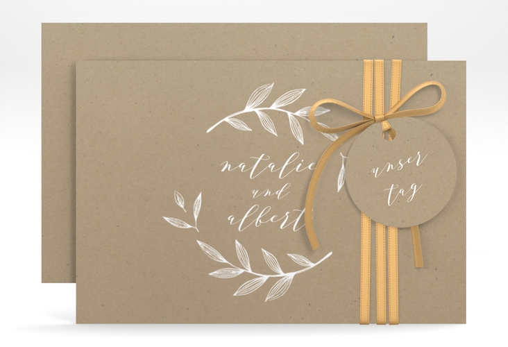 Save the Date-Karte Naturelove A6 Karte quer weiss hochglanz in Kraftpapier-Optik mit Blattzeichnung