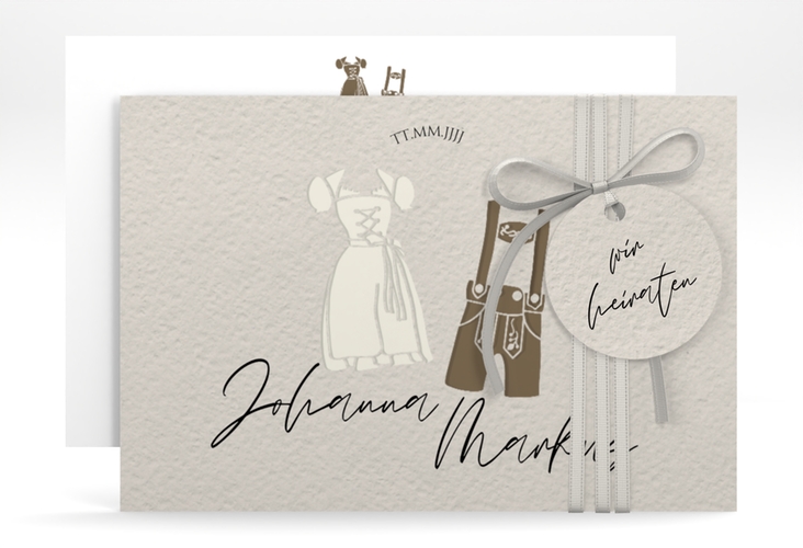 Save the Date-Karte Trachtenhochzeit A6 Karte quer mit Dirndl und Lederhose