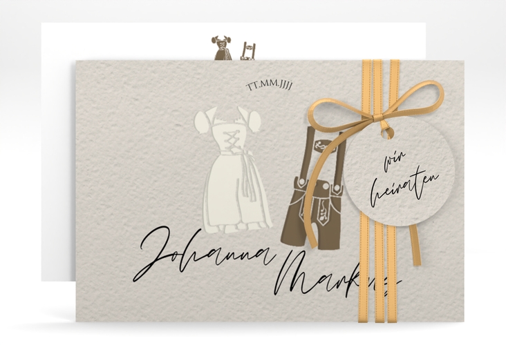 Save the Date-Karte Trachtenhochzeit A6 Karte quer beige hochglanz mit Dirndl und Lederhose