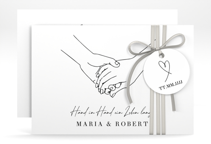 Save the Date-Karte Hands A6 Karte quer weiss mit sich haltenden Händen im Monoline-Stil