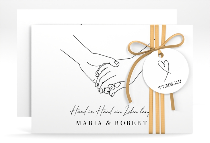Save the Date-Karte Hands A6 Karte quer weiss mit sich haltenden Händen im Monoline-Stil