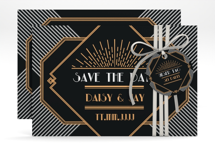 Save the Date-Karte Hochzeit Gatsby A6 Karte quer schwarz im 20er-Jahre-Stil