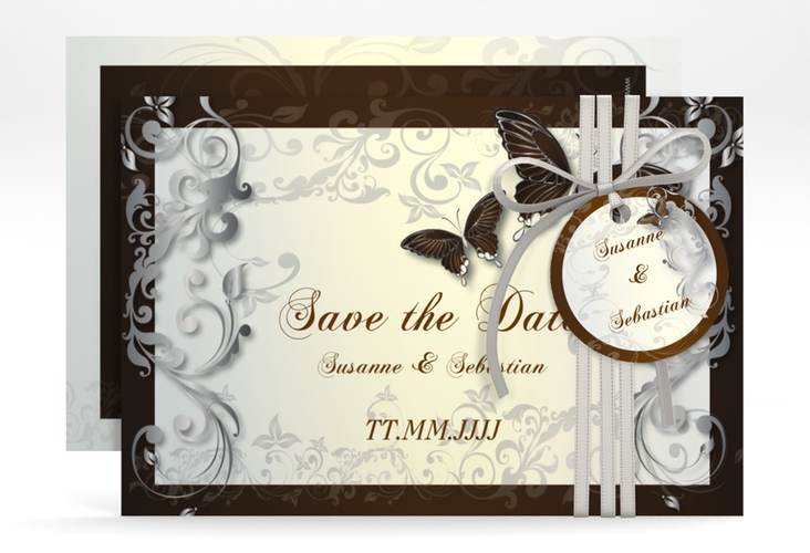 Save the Date-Karte Hochzeit Toulouse A6 Karte quer braun hochglanz romantisch mit Schmetterlingen