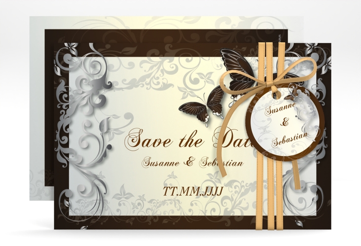 Save the Date-Karte Hochzeit Toulouse A6 Karte quer braun hochglanz romantisch mit Schmetterlingen