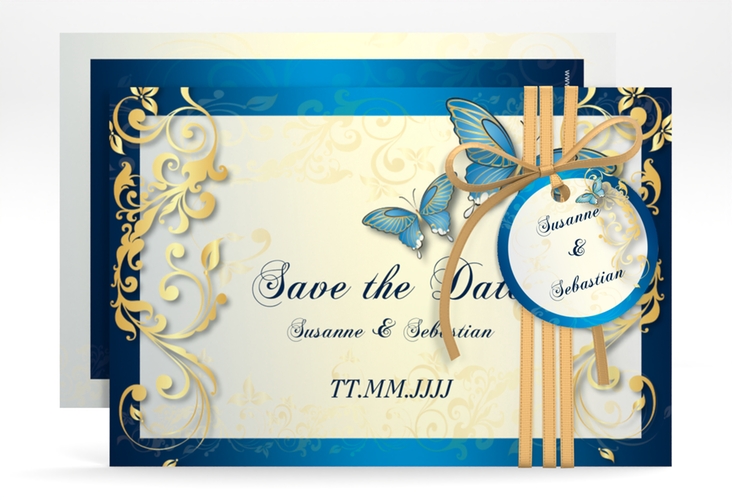 Save the Date-Karte Hochzeit Toulouse A6 Karte quer blau hochglanz romantisch mit Schmetterlingen