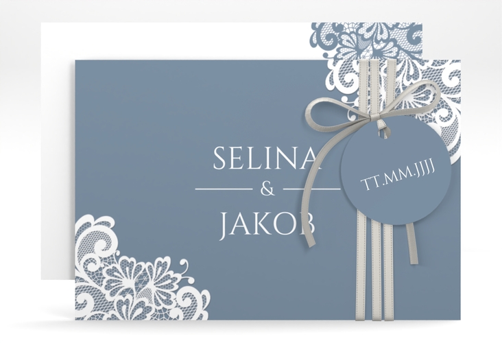 Save the Date-Karte Vintage A6 Karte quer blau hochglanz mit floraler Spitze