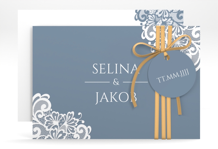 Save the Date-Karte Vintage A6 Karte quer blau hochglanz mit floraler Spitze