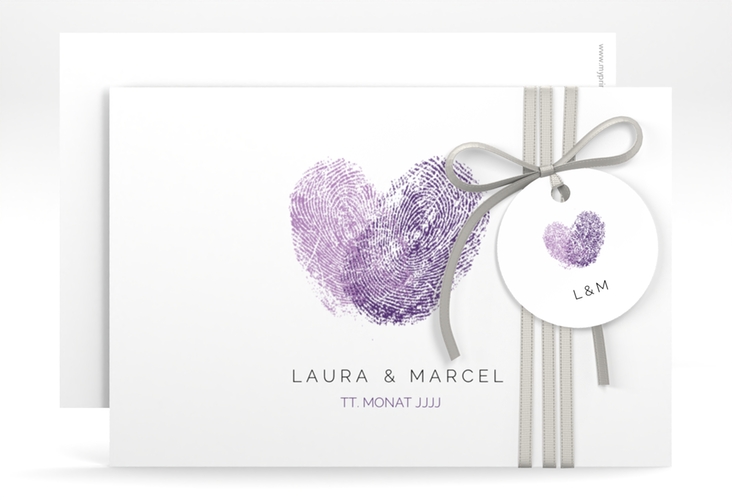 Save the Date-Karte Fingerprint A6 Karte quer lila schlicht mit Fingerabdruck-Motiv