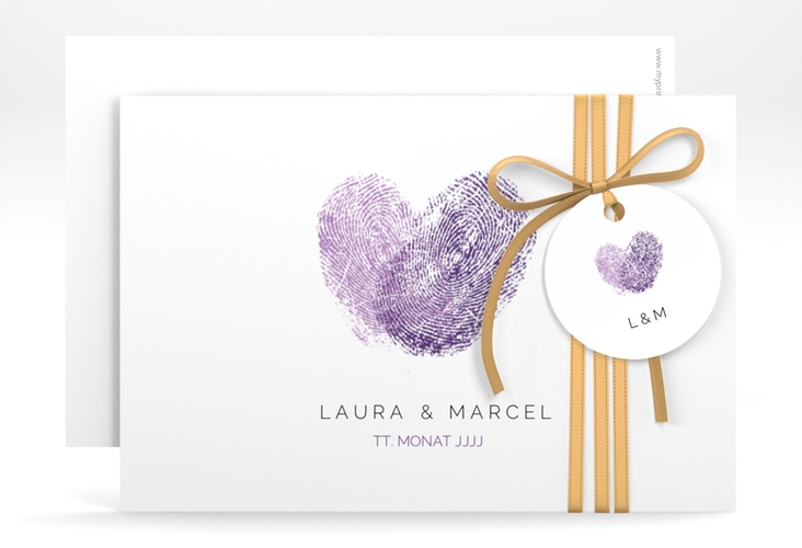 Save the Date-Karte Fingerprint A6 Karte quer lila schlicht mit Fingerabdruck-Motiv