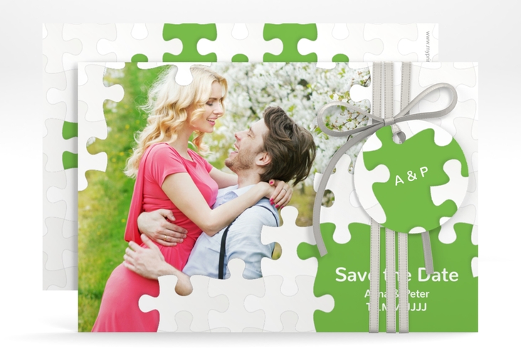 Save the Date-Karte Hochzeit Puzzle A6 Karte quer gruen hochglanz