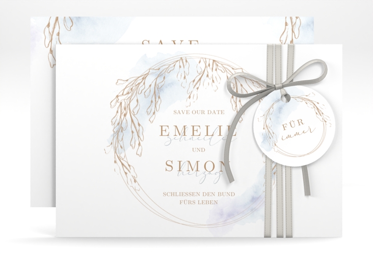 Save the Date-Karte Wisteria A6 Karte quer blau mit Blumenbogen aus Blauregen
