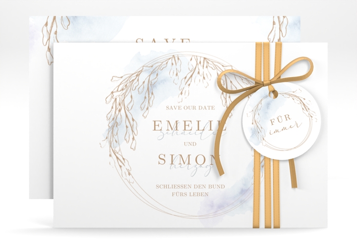 Save the Date-Karte Wisteria A6 Karte quer blau mit Blumenbogen aus Blauregen