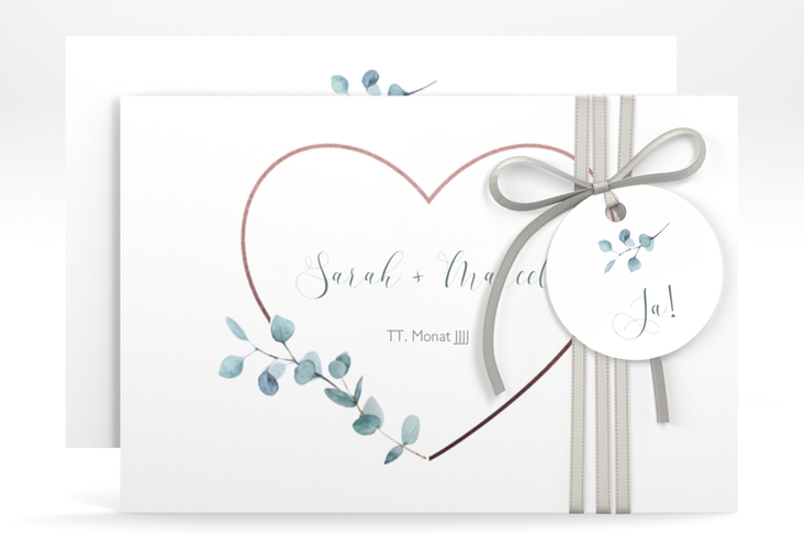 Save the Date-Karte Greenheart A6 Karte quer rosa mit elegantem Herz und Eukalyptus-Zweig