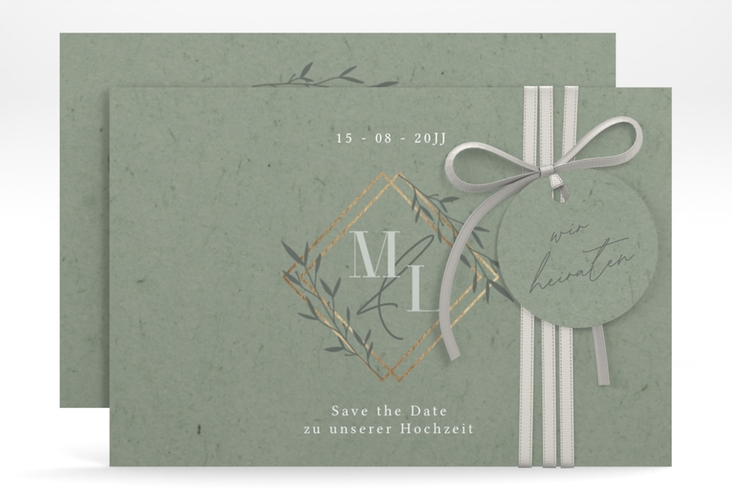 Save the Date-Karte Greenletter A6 Karte quer mit Initialen in elegantem Goldrahmen mit Blättern